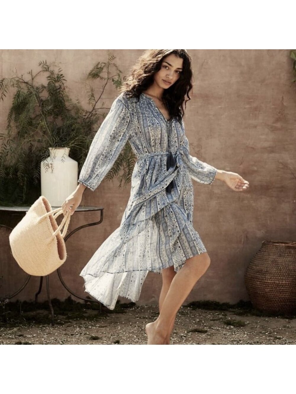 NEW Doen Normandy Blue Mandevilla Vine Floral Paisley Dress w Tassels Size Small